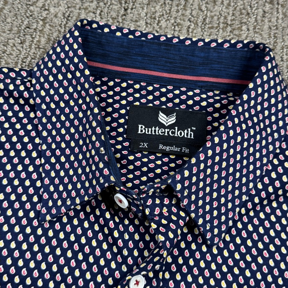 Buttercloth Mens 2X Regular Fit Long Sleeve Knit Cotton Paisley Button Down